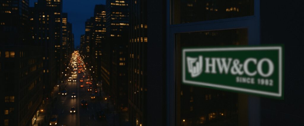Cityscape at night with HW&CO sign.