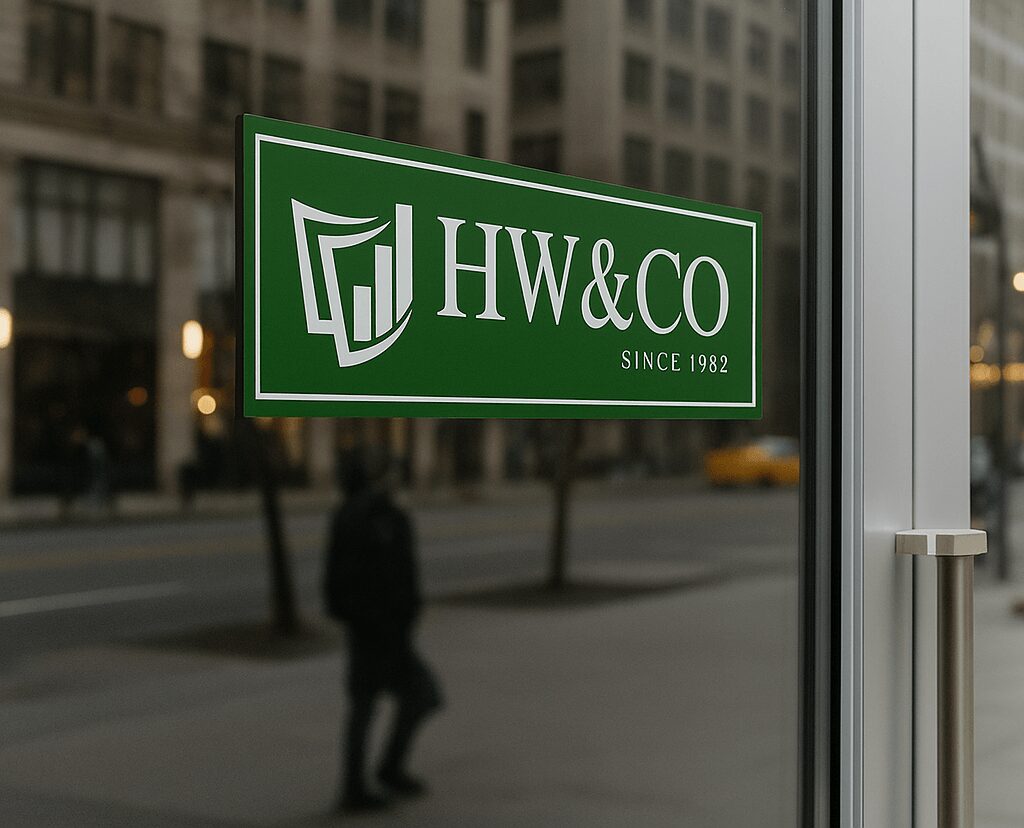 Green HW&CO logo decal on storefront glass
