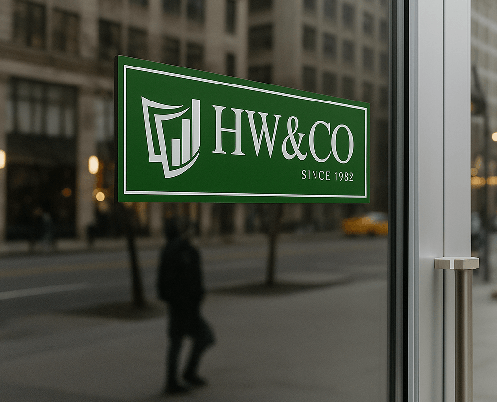Green HW&CO sign on glass door.